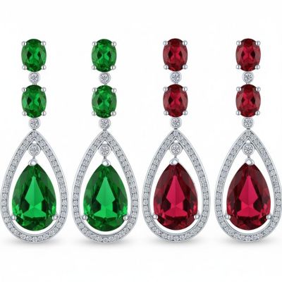 Set of 2 Art Deco Style Clear and Blue Halo Large Teardrop CZ Statement Dangle Chandelier Earrings