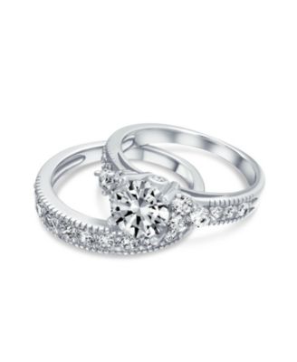 3CT Round Solitaire Side Stones Pave CZ Cubic Zirconia Promise Band Ring Set Gold Plated Silver
