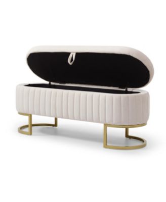 Velvet Oval Upholstered Storage Bench with Golden Metal Legs, 50" Beige