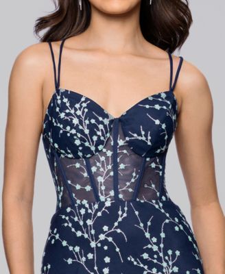 Juniors' Caviar Glitter Illusion Bodice Fit and Flare Gown