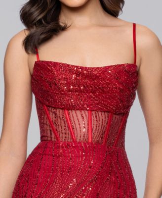 Juniors' Long Glitter Draped Illusion Bodice Gown 