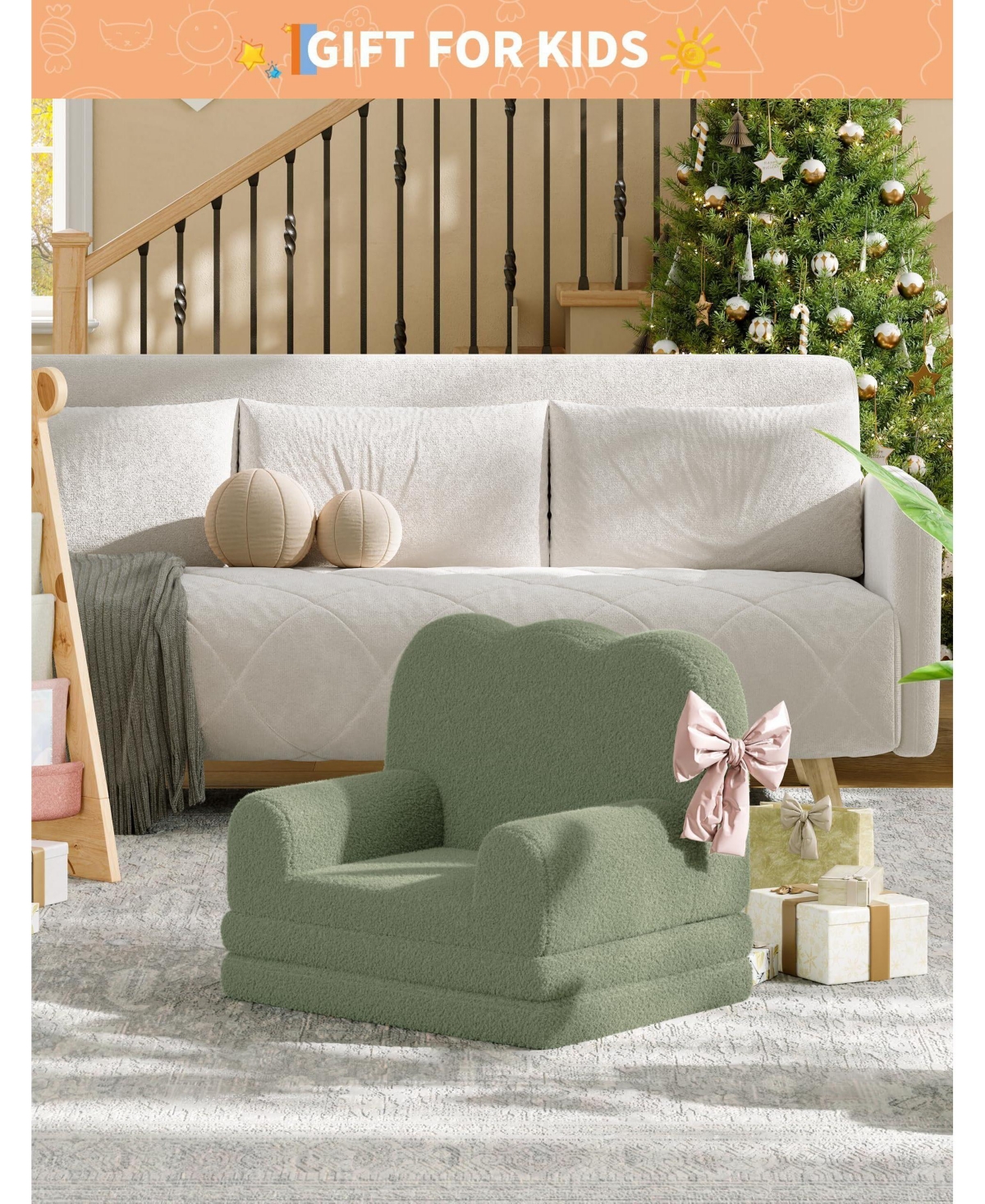 gaomon Kids Couch, 2-in-1 Convertible Teddy Fleece Fabric Toddler Sofa Chair, Soft Fold Out Couch Lounger for