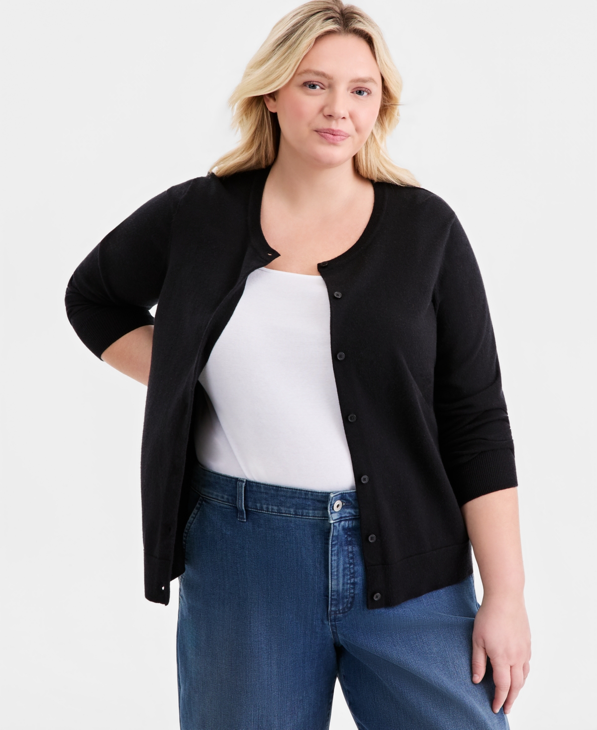 Style & Co Plus Size Button-Down Long-Sleeve Cardigan, Macy's Exclusive - Deep Black
