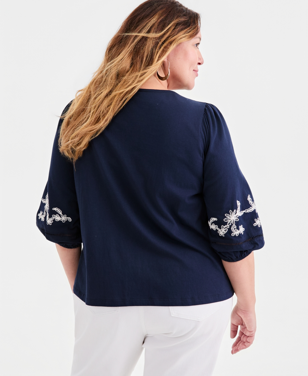Style & Co Plus V-Neck Puff-Sleeve Embroidered Blouse, Macy's Exclusive