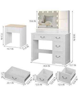 Vanity desk for bedroom with lights, drawers, shelves, stool, and mirror.