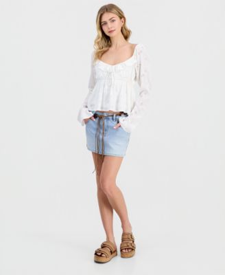 Juniors' Long-Sleeve Eyelet Woven Top