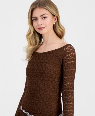 Juniors' Lace Long-Sleeve Mini Dress