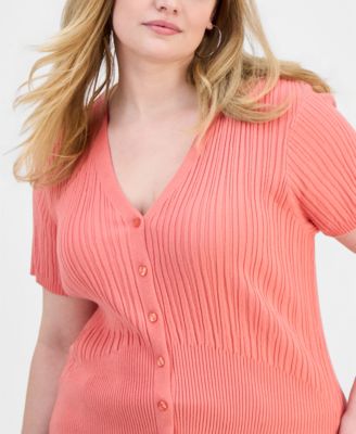 Trendy Plus Size Short-Sleeve Ribbed V-Neck Cardigan