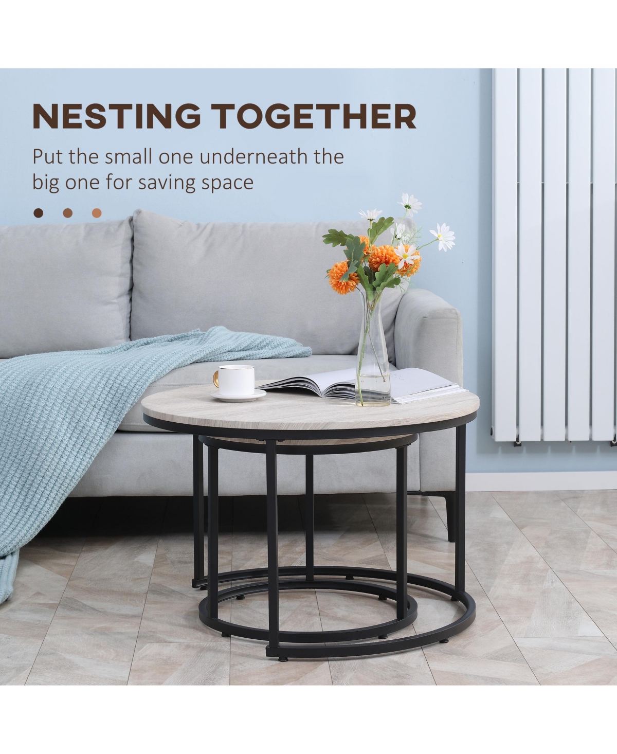 Round Nesting Coffee Table Set of 2 Stacking Accent Tables Living Room, Grey