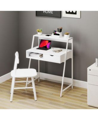 Computer Writing Desk for Small Space w/ Drawer, Storage Shelves,
