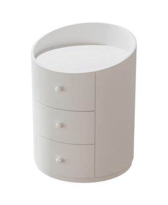 White Round Nightstand, Wood Bed Side Table with 3 Drawers, Fully Assembled
