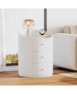 White Round Nightstand, Wood Bed Side Table with 3 Drawers, Fully Assembled