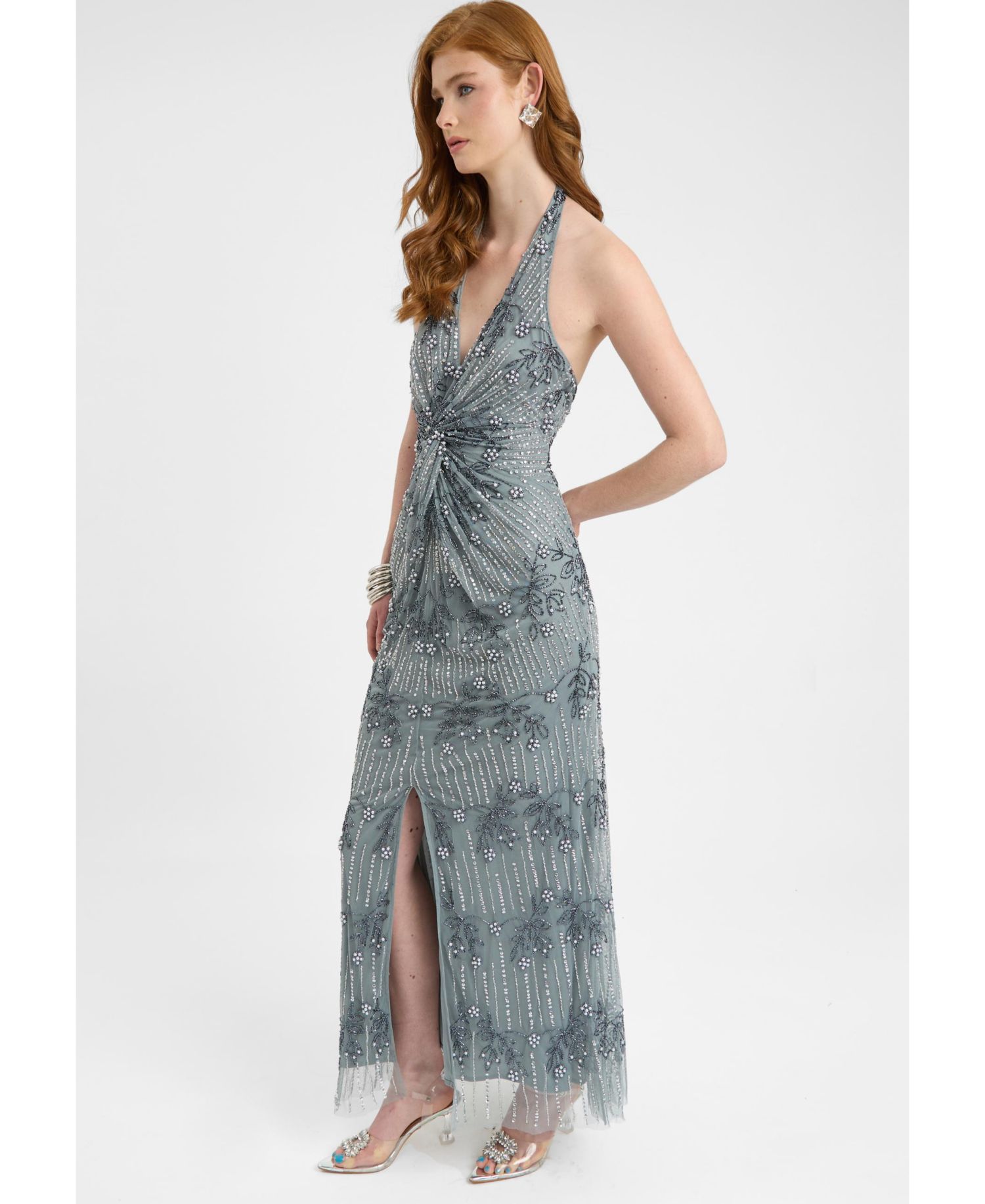 Women's Embellished Sequin Beaded Maxi Dress With Knot Design