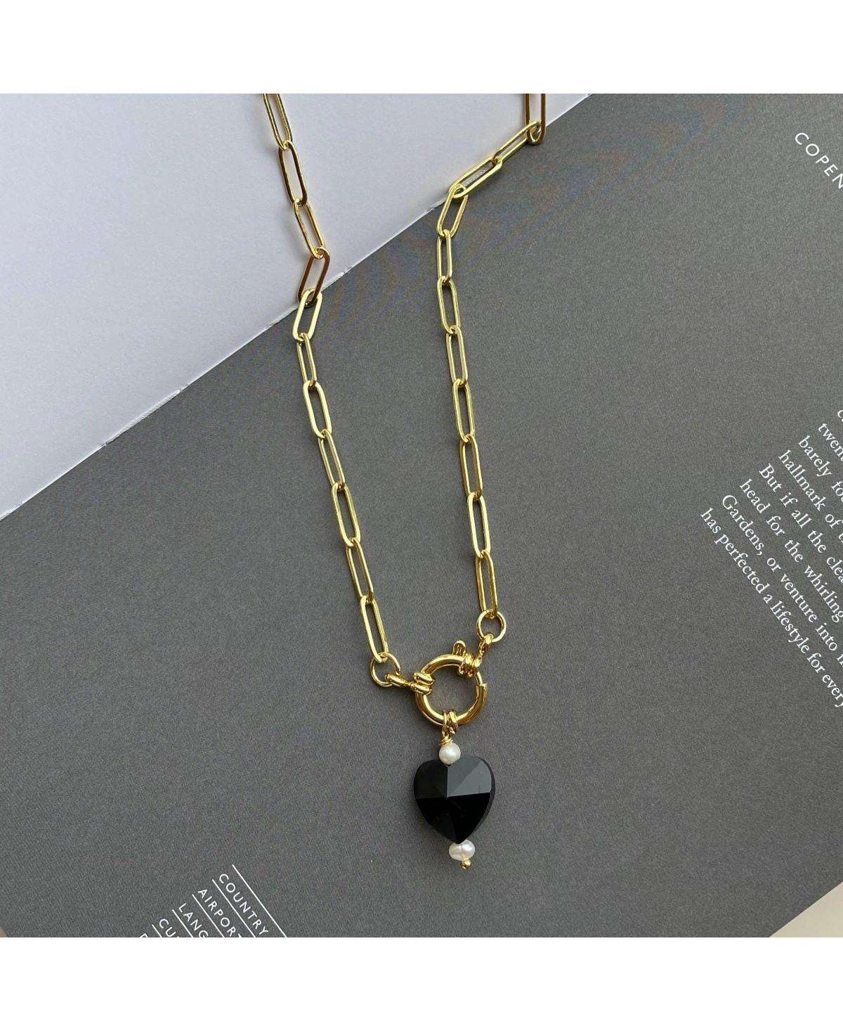 Joey Baby Gold Paperclip Chain Necklace with Black Heart and Freshwater Pearl Pendant