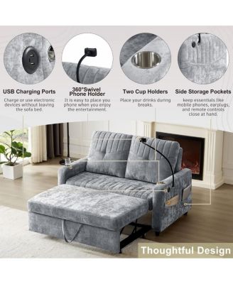 53.9" Chenille Pull-Out Sleeper Sofa with Adjustable Backrest, USB Ports, Cup Holders & Side Storage