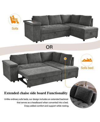 91.5" L-Shaped Sleeper Sofa with Pull-Out Bed, Chaise Storage, Tray Armrest & Side Pockets for Apartment or Living Room