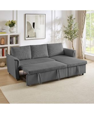 77.25" L-Shaped Corduroy Pull Out Sofa Bed with Chaise Storage, Tufted Modular Sleeper Couch Loveseat with Adjustable Back