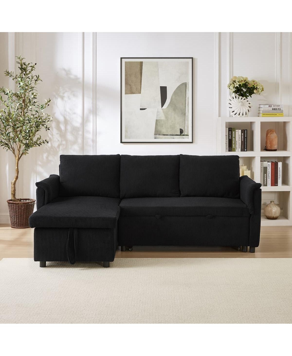 Maison Boucle 77.25" L-Shaped Corduroy Pull Out Sofa Bed with Chaise Storage, Tufted Modular Sleeper Couch Loveseat Adjustable Back