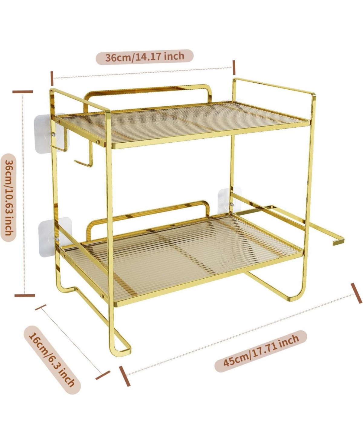 Gaomon 2-Tier Toilet Shelf w/ Paper Holder & Hooks, Metal Bathroom Organizer, Gold, 14.1"x6.3"x10.6"