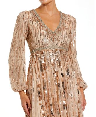 Women's Embellished Mesh Long Sleeve V Neck Gown