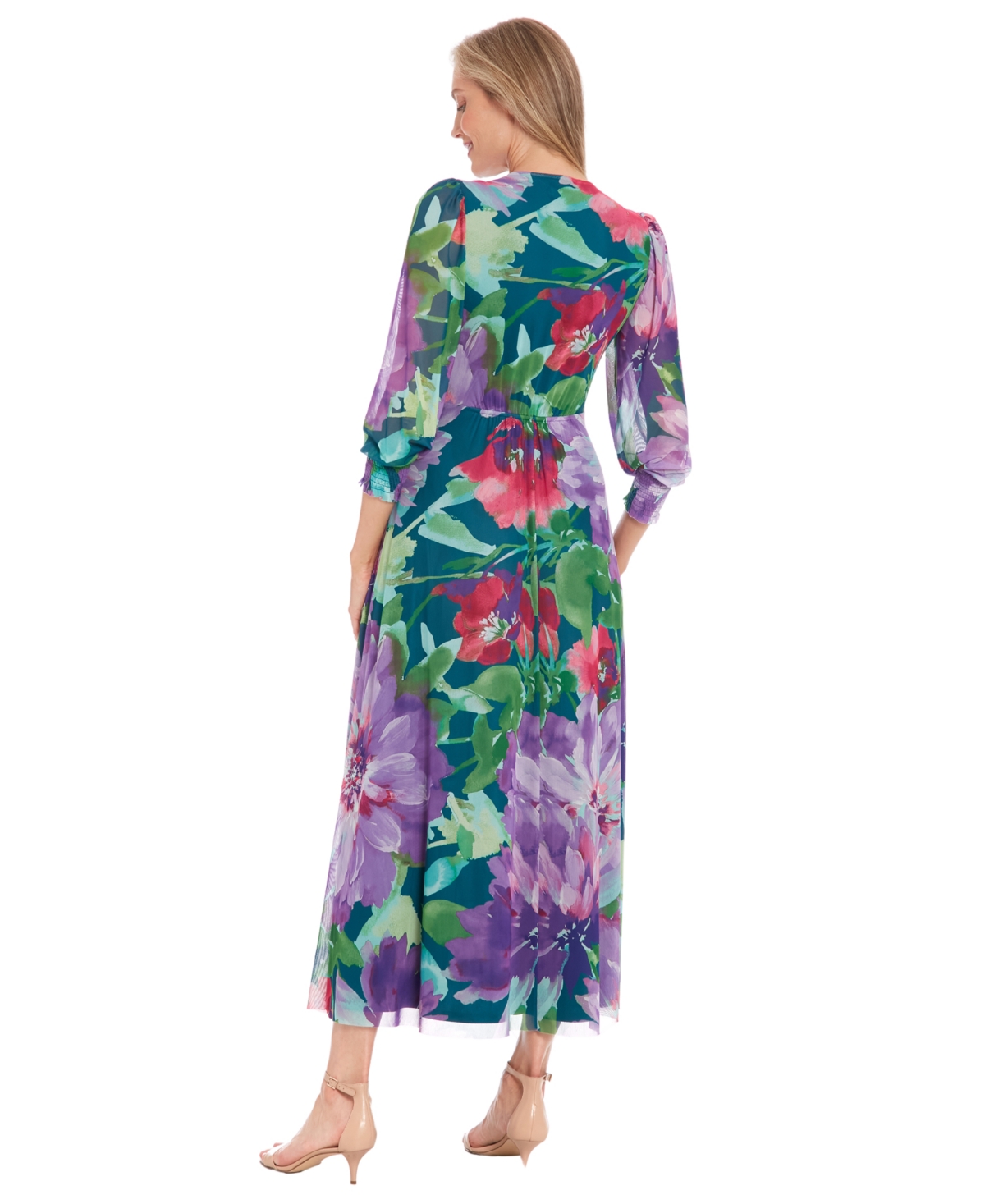 London Times Women's Shirred Surplice Twist Bishop-Sleeve Maxi Dress