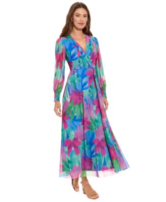 Women's Shirred Surplice Bishop-Sleeve Maxi Dress