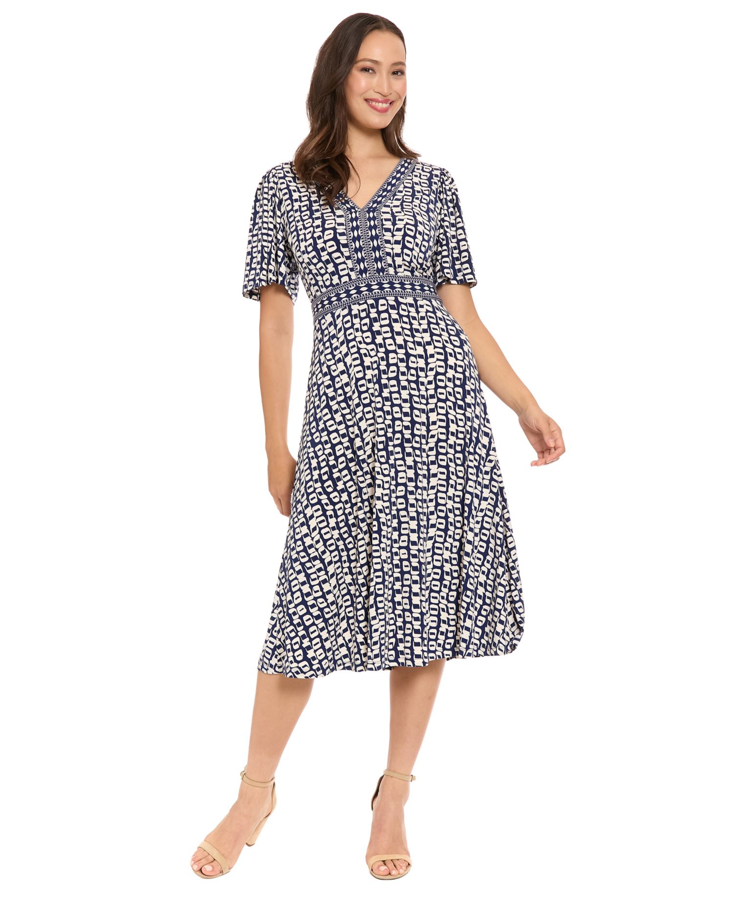 Women's Framed V-Neck Flutter-Sleeve Flare Dress