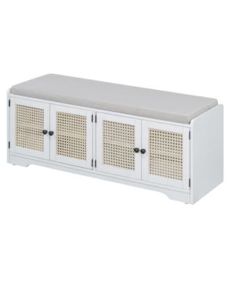 Rustic Storage Bench with Cushion and Rattan Doors (Brown+Beige