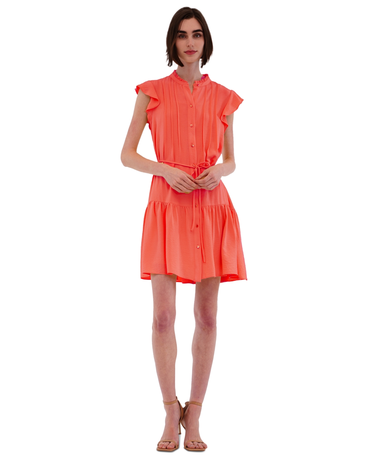 julia jordan Women's High-Neck Tie-Wast Tiered Shirtdress