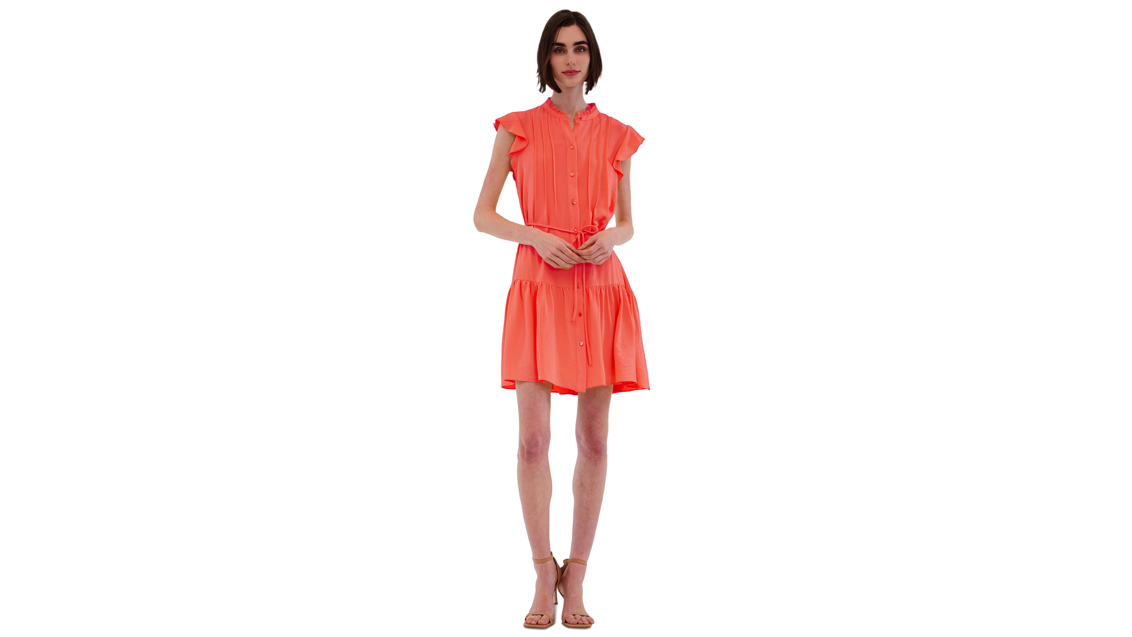 julia jordan Women's High-Neck Tie-Wast Tiered Shirtdress