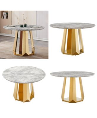 47" Round Marble Dining Table with Stainless Steel Base (Gold/Gray)