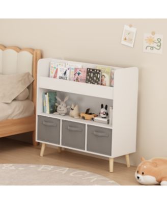 Streamdale Kids Bookshelf with 3 Fabric Bins - White & Gray