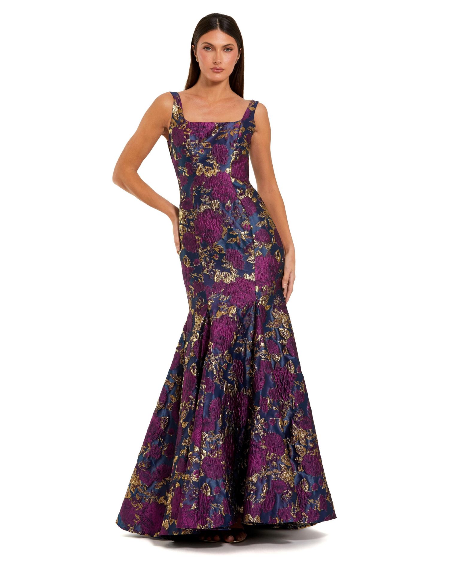 Women's Sleeveless Floral Brocade Trumpet Gown