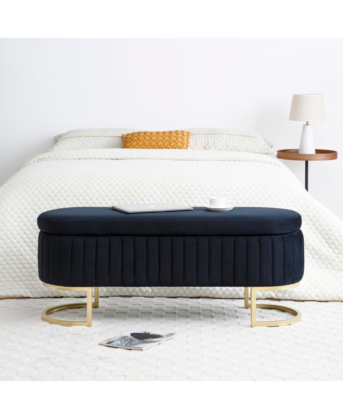 Streamdale Furniture Streamdale Velvet Oval Upholstered Storage Bench with Golden Metal Legs, Black