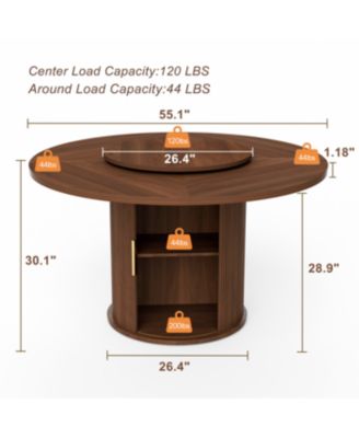 55" Round Dining Table for Six with Storage & Rotating Tray (Walnut)