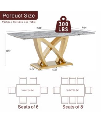Marble Dining Table for 6, 70" Rectangle Faux Marble w/ Mirrored Stainless Steel Base (Gold, Gray