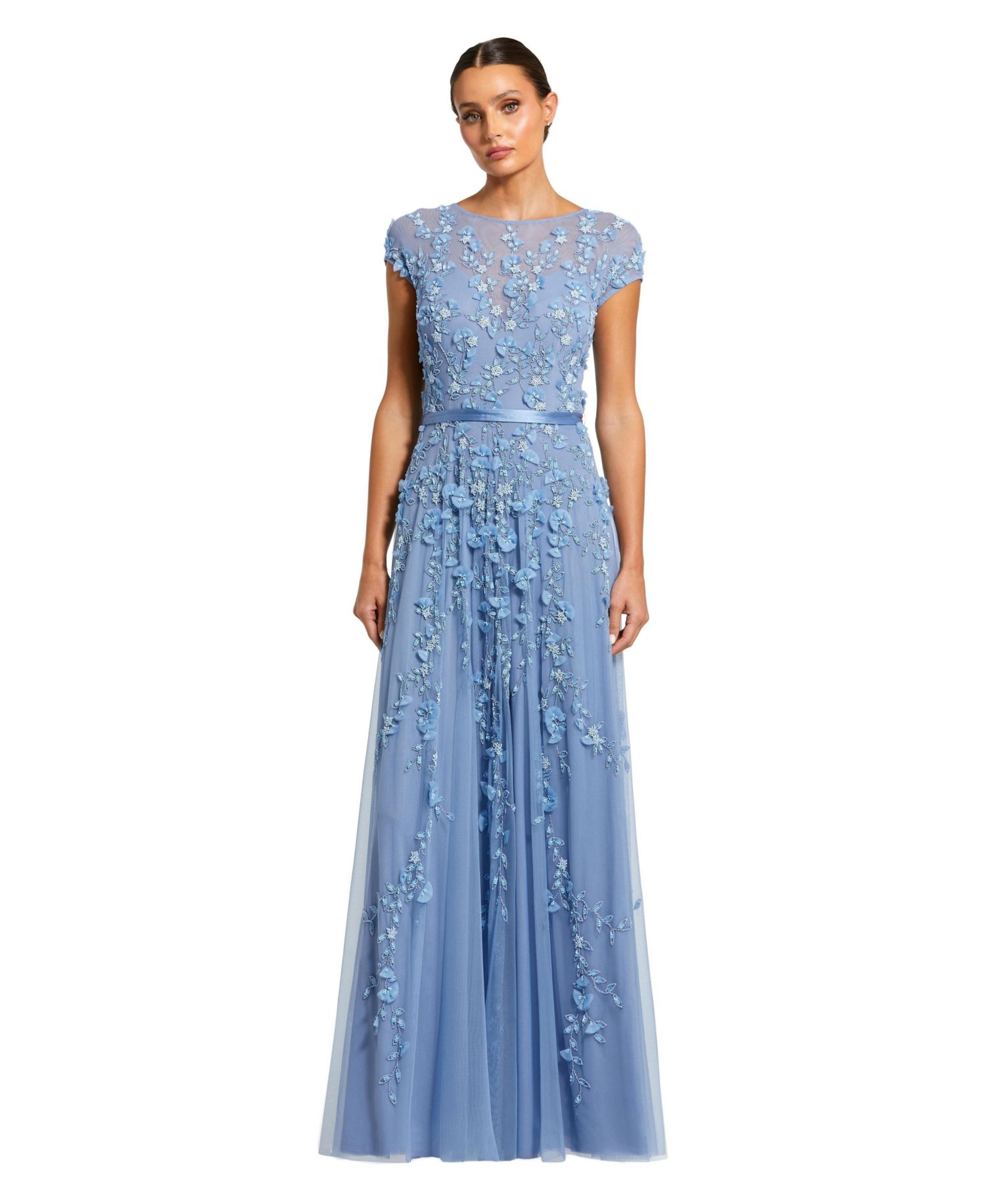 Women's Floral Embellished Short Sleeve Mesh Gown