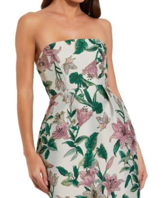 Women's Floral Brocade Strapless Fitted Midi Dress