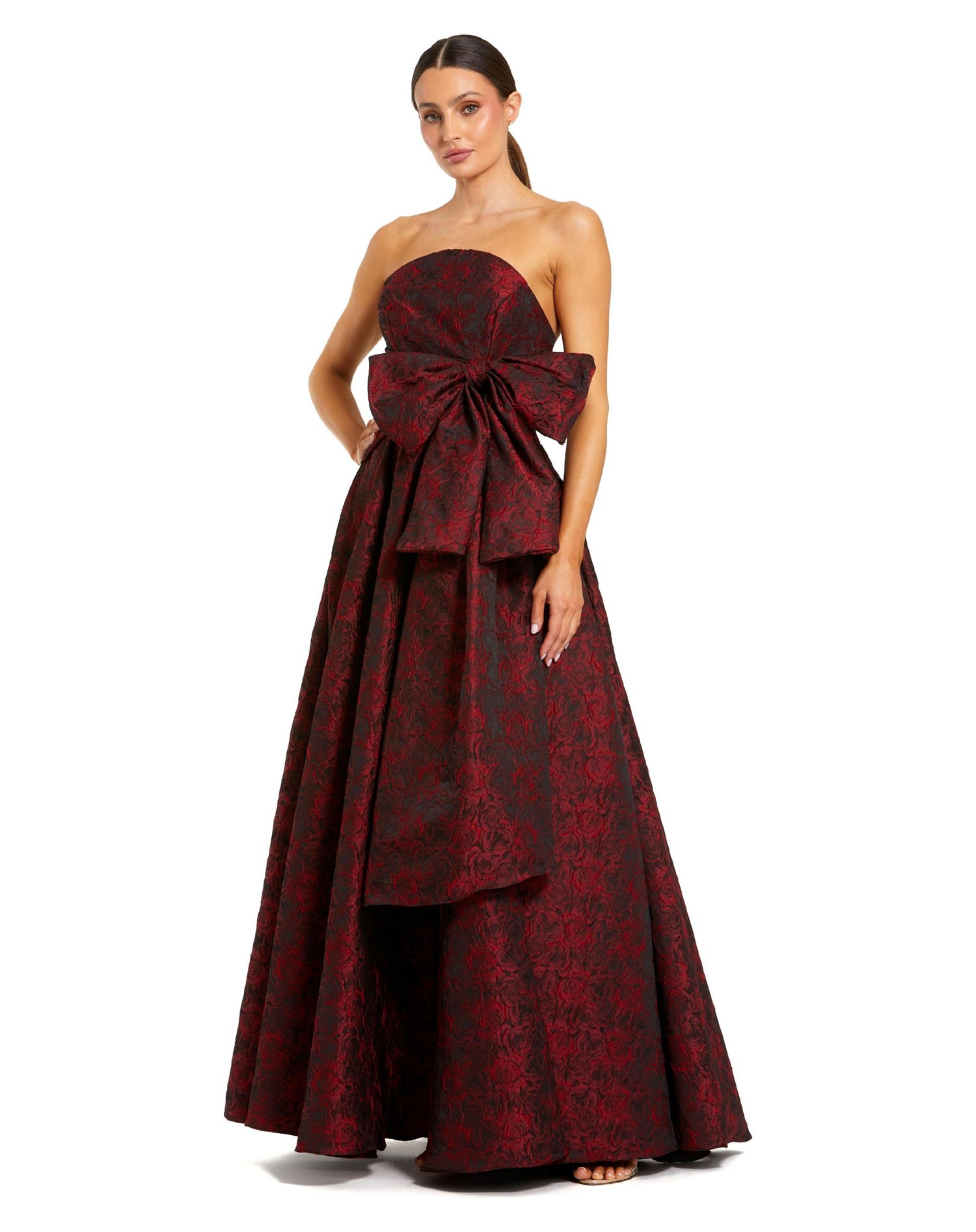 Women's Bow Detail Strapless Floral Brocade Evening Gown