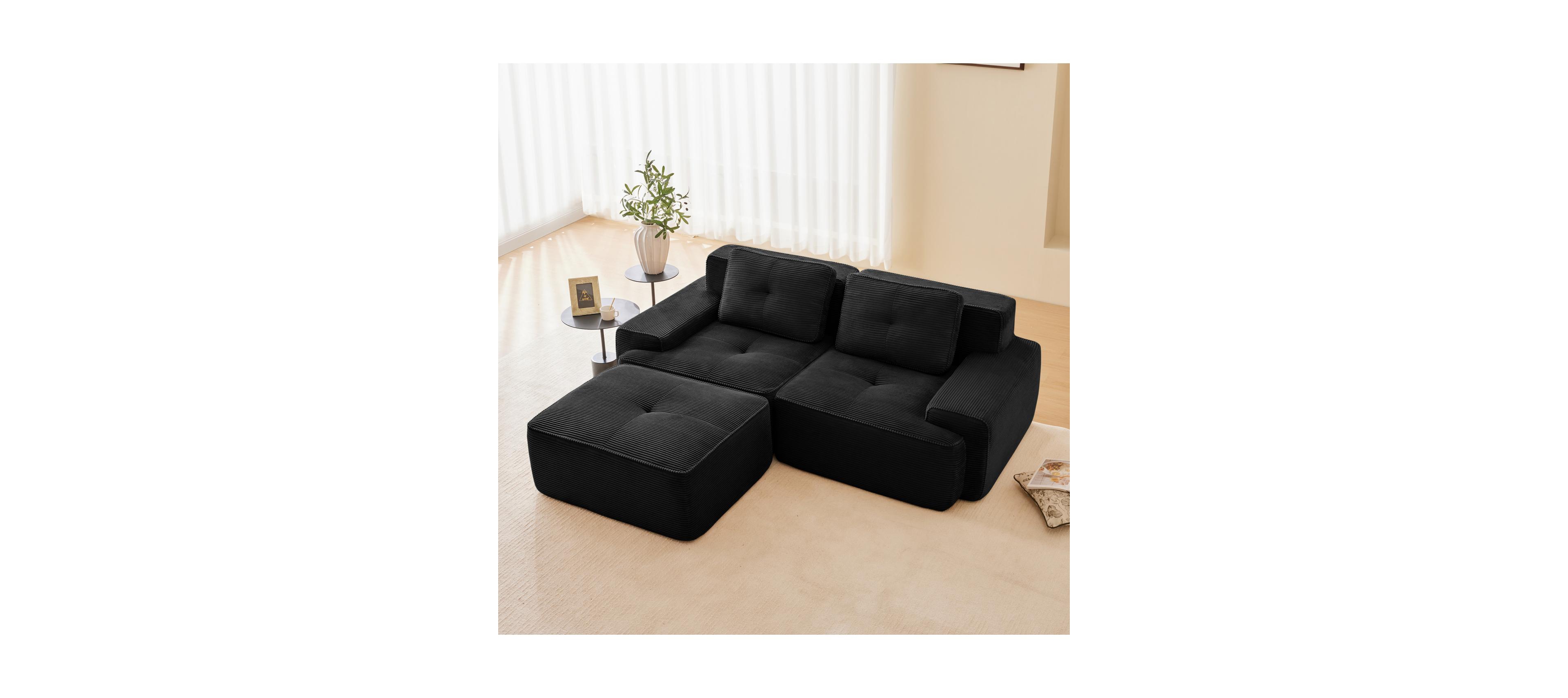 Streamdale Modern L-Shaped Corduroy Sectional Sofa with Ottoman, Black
