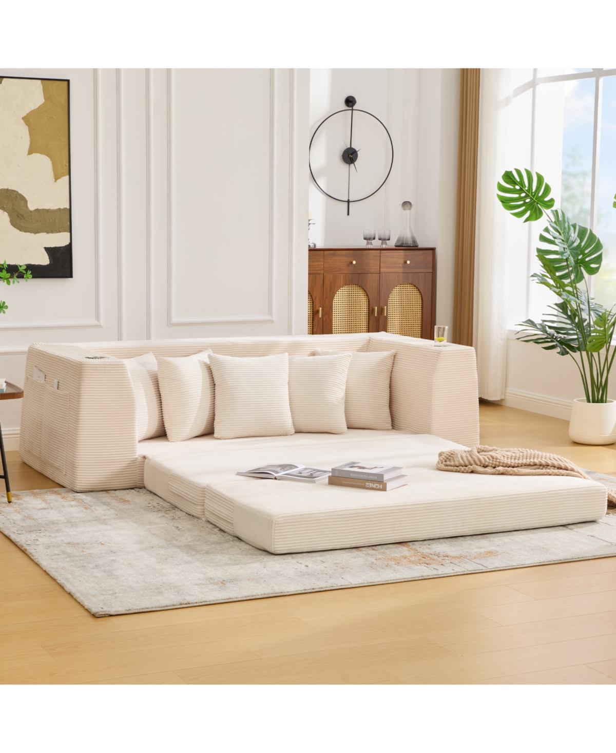 Streamdale Furniture Streamdale Corduroy Convertible Sofa Bed with 5 Pillows, No Assembly, Side Pocket