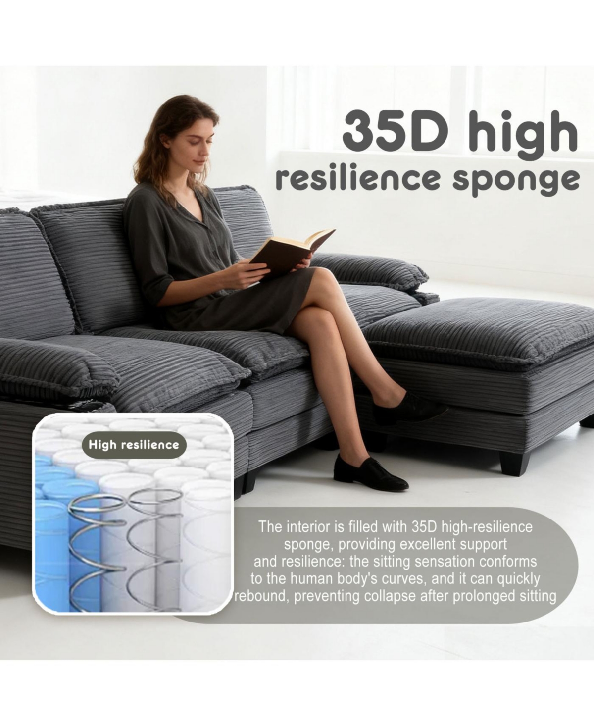 Streamdale FurnitureModern 3+1 L-Shaped Corduroy Sofa with Ottoman, Cloud Couch for Living Room.