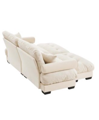  Oversized Modern Velvet Two-Seater Sofa with Ottoman, Cream