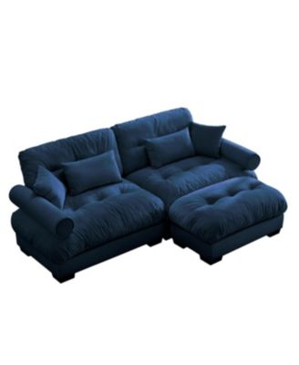 Oversized Modern Velvet Two-Seater Sofa with Ottoman & Pillows, Blue