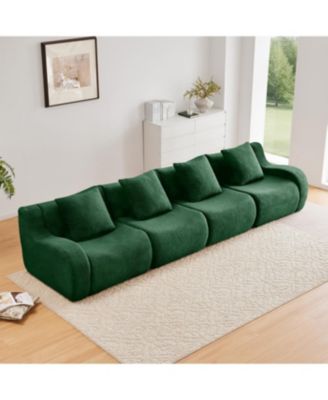 4-Seat Boneless Sofa, Teddy Fabric, No Assembly, Curved Armrest, Green