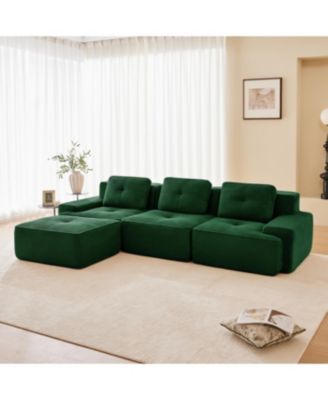 Modern L-Shaped Corduroy Sectional Sofa with Movable Ottoman, Green