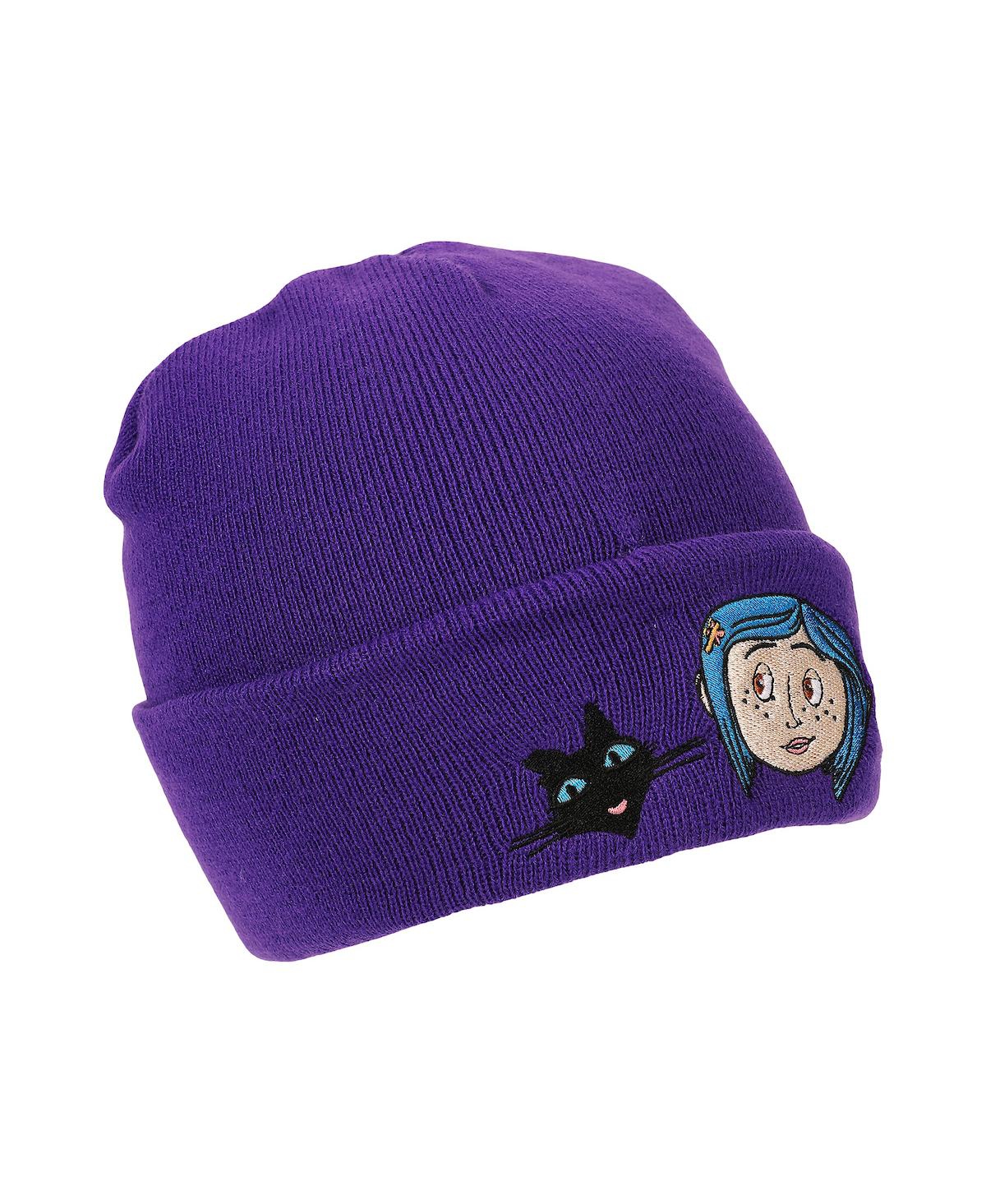 Coraline Men's Black Cat Character Art Purple Cuff Beanie.