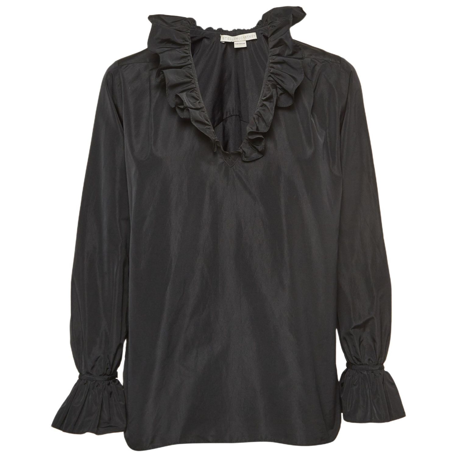 Women's Black Silk Blend Crepe Ruffled V Neck Top