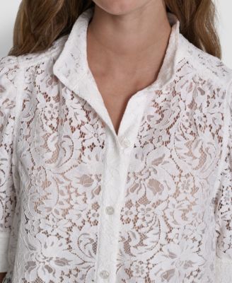 Women's Lace Puff Sleeve Stand Collar Shirt