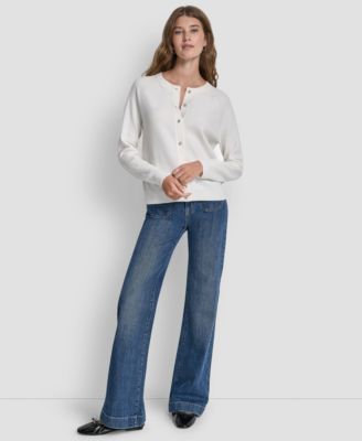 Women's Rhinestone Button-Front Crewneck Cardigan